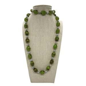 Fashion 33" Strand String Necklace Green Black Silver Plastic Beads Swirl Design